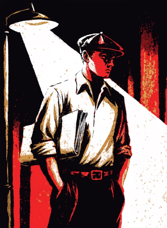 A young man in a flat cap holding a newspaper under a streetlamp