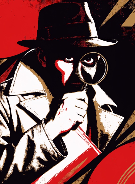 A detective in a hat examining a red notebook through a magnifying glass