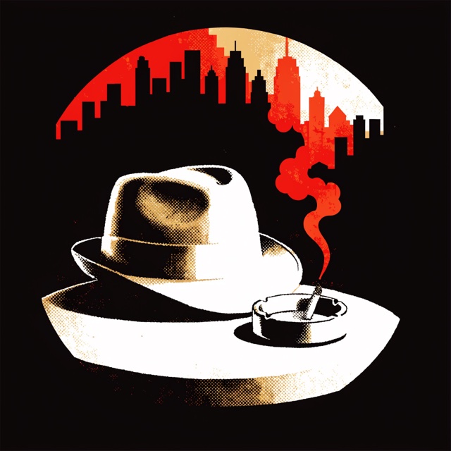 A white fedora and a smouldering cigarette on a table, city skyline behind