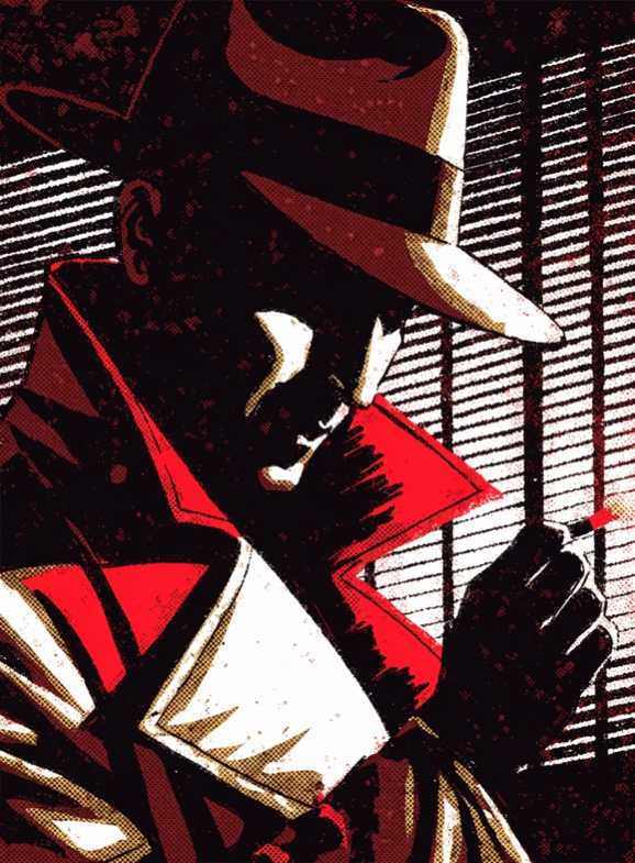 A man in a fedora and overcoat lighting a match behind window blinds