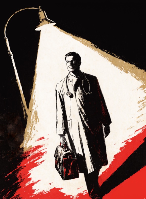 A doctor with a bag walking out of a streetlamp's cone of light